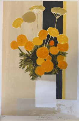 a picture of a painting of a vase of flowers