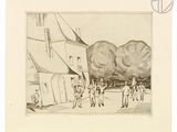 an old drawing of a group of people standing in front of a building