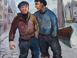 painting of two men walking down a cobblestone street with boats in the background