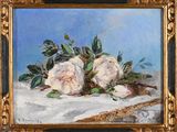 an oil painting of two white roses on a white cloth