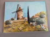 un tableau représentant un moulin à vent sur une colline, avec des moutons