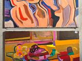 three paintings of people are hanging on a wall in a room