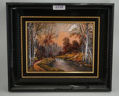 peinture à l'huile encadrée représentant un ruisseau dans un cadre boisé