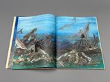 an open book with a picture of a ship in the ocean