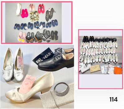 several pictures of different types of shoes and accessories displayed on a table