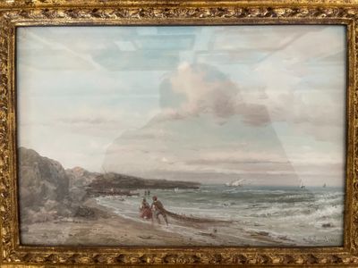 une peinture à l'huile représentant deux personnes sur une plage au bord de la mer