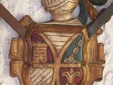a wooden plaque with two swords and a shield on it