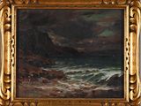 an oil painting of a rocky coast with waves crashing in the foreground