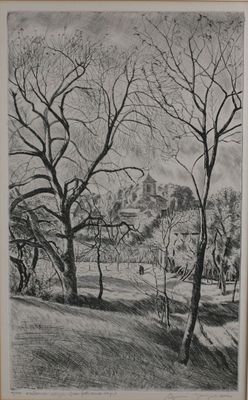 dessin au crayon représentant un paysage avec des arbres et une maison au loin