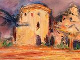 an oil painting of a building on a beach near a body of water