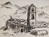 dessin représentant une vieille église avec un clocher et une tour de clocher