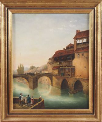 une peinture à l'huile représentant un pont enjambant une rivière, avec des personnes dessus