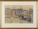 an image of a painting of boats in a harbor with buildings in the background