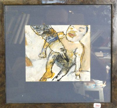 painting of a woman with a cat on her back in a wooden frame