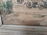 a picture of a painting of a horse and buggy on the street