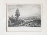 a black and white drawing of a landscape with trees and a river