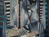 peinture abstraite représentant une chaise sur laquelle est assis un chat, avec un morceau de papier à côté