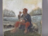 un vieux tableau représentant un homme assis sur un rocher, un verre de vin à la main