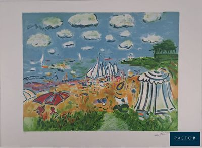 un tableau représentant une scène de plage avec des parasols et des voiliers