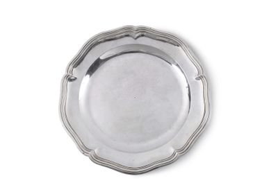 a close up of a silver plate on a white background