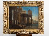 une peinture à l'huile représentant un bâtiment devant lequel se trouve un bateau dans l'eau