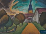 an image of a painting of a church and trees on a hill