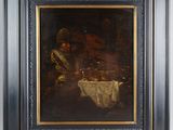 a painting of a man sitting at a table in front of a table
