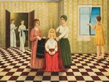 un tableau représentant trois femmes dans une pièce avec un miroir