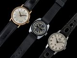 Trois modèles de montres différents sont présentés sur un fond noir