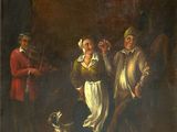 an image of a painting of a group of people in a barn