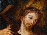 an oil painting of jesus carrying the cross in his hands