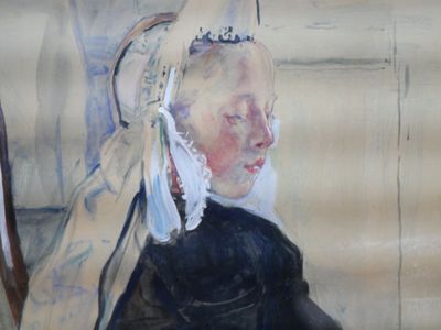a painting of a woman sitting in a chair wearing a head scarf