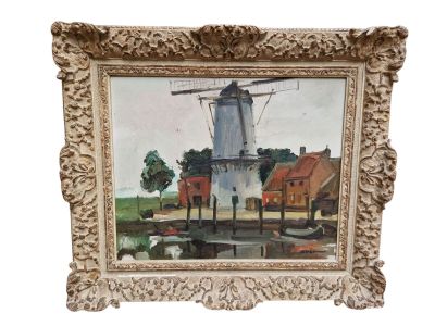 an oil painting of a windmill in a frame on a white background