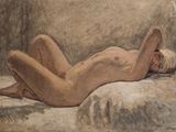 tableau représentant une femme nue allongée sur un lit, les jambes croisées