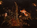a painting of goldfishs in a pond of water