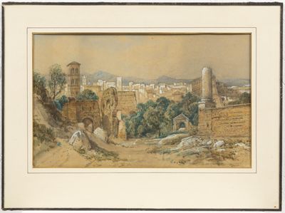 painting of a view of a city with a castle in the background