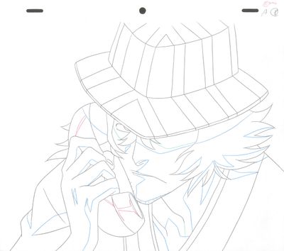 drawing of a man in a hat talking on a cell phone