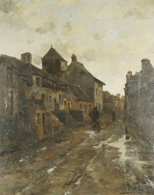 painting of a street scene with buildings and a horse drawn carriage