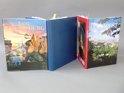 Trois livres sont posés sur une table devant un fond blanc.