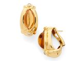 a pair of gold earrings with a tiger ' s eye design