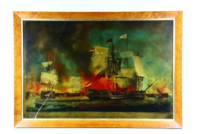 an image of a painting of a ship on fire in the ocean