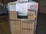 a cart that has a sign on it in a warehouse