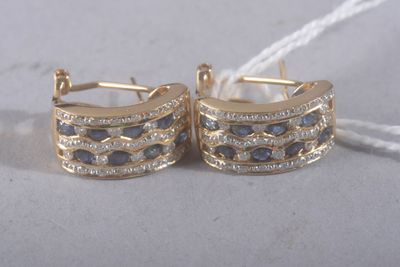 une paire de boucles d'oreilles dorées ornées de pierres bleues et blanches