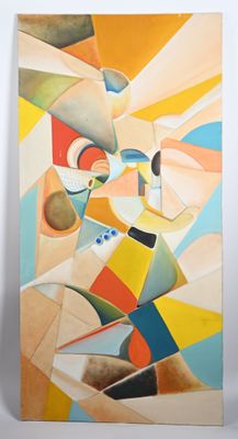 an abstract painting of a vase and a vase on a table