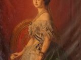 an old painting of a woman in a white dress sitting on a chair