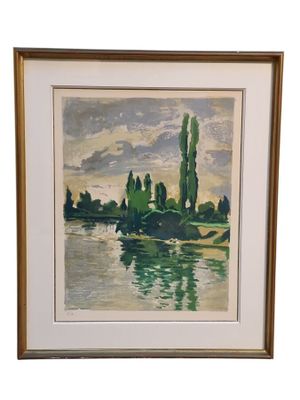 une image représentant un tableau d'une rivière avec des arbres dans l'eau
