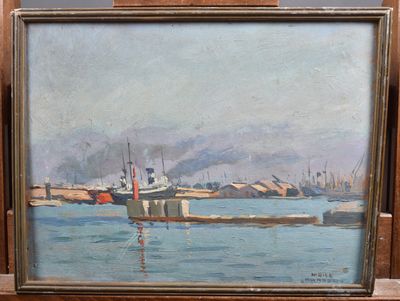 peinture représentant un bateau sur un plan d'eau près d'un quai