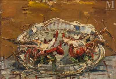 une peinture à l'huile représentant un bol de nourriture posé sur une table