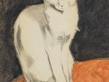 tableau représentant un chat blanc assis sur un coussin orange