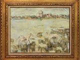 une peinture à l'huile représentant des moutons paissant dans un champ au bord d'une rivière